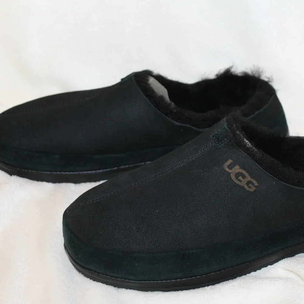 NIB UGG MEN'S PARKDALE SLIP ON SUEDE‎ SHEARLING LINED CLOG SLIPPERS BLACK